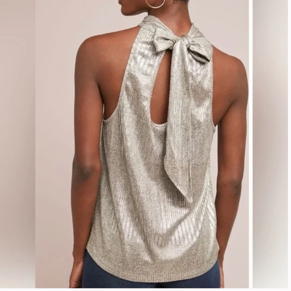 Maeve Metallic Silver Bow Tie Chic Classy Elegant Minimal Party Classic Halter - Picture 2 of 5